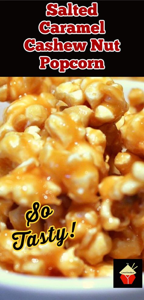 Salted Caramel Cashew Nut Popcorn. A delicious combination of salt and caramel coating homemade popcorn. Easy recipe for popping corn Gourmet Popcorn Recipes Homemade, Poppycock Recipe Best, Half Popped Popcorn Recipe, Salted Caramel Popcorn Recipe, Carmel Popcorn Recipes, Poppycock Recipe Popcorn, Homemade Poppycock, Poppycock Recipe, Carmel Popcorn Recipe