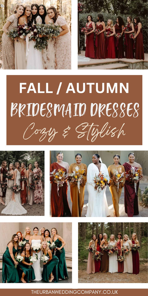 Fall bridesmaid outfits need to be warm and cozy while looking stylish. We have all the best autumn wedding dresses for fall weddings. A styling guide with all the best fall fabrics and autumn colors to choose for your bridal party. Autumn Bridesmaid Dresses, Autumn Bridesmaids, Fall Wedding Bridesmaid Dresses, Autumn Wedding Dresses, Wedding Dresses For Fall, Fall Bridesmaid, Fall Wedding Style, Braidsmaid Dresses, Bridesmaid Outfits