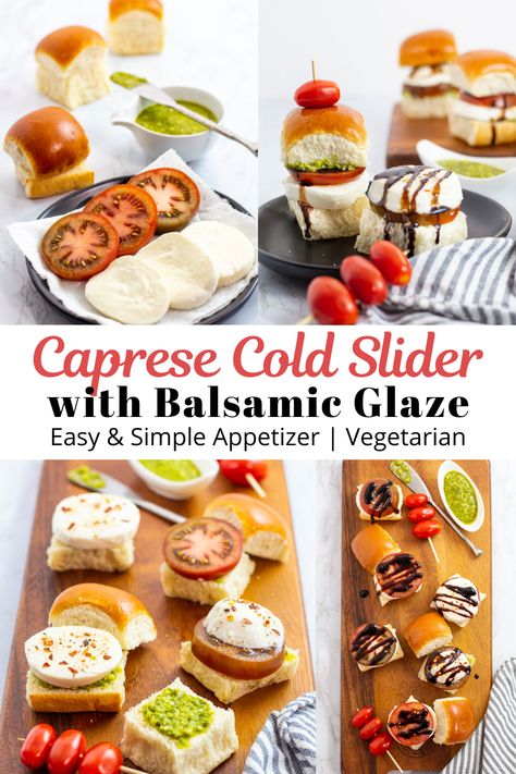 Caprese Cold Sliders with Balsamic Glaze - Sweet dinner roll smeared with pesto, topped with creamy mozzarella, and tomato with a drizzle of balsamic glaze! A perfect appetizer or a quick light meal! Vegetarian-friendly slider recipe that can be made in less than 10 minutes! Cold Sliders, Caprese Sliders, Chocolate Appetizers, Meal Vegetarian, Mozzarella And Tomato, Vegetarian Party, Slider Recipe, Sweet Dinner Rolls, Bbq Appetizers