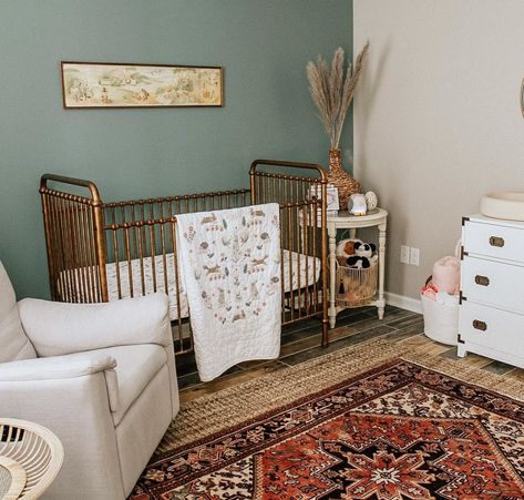 Half Nursery Half Office, Cozy Cottage Nursery, Moody Boho Nursery, Eclectic Guest Room, Green And Dark Wood Nursery, Retro Style Nursery, Antique Furniture Nursery, Eclectic Girl Nursery, Eccentric Nursery