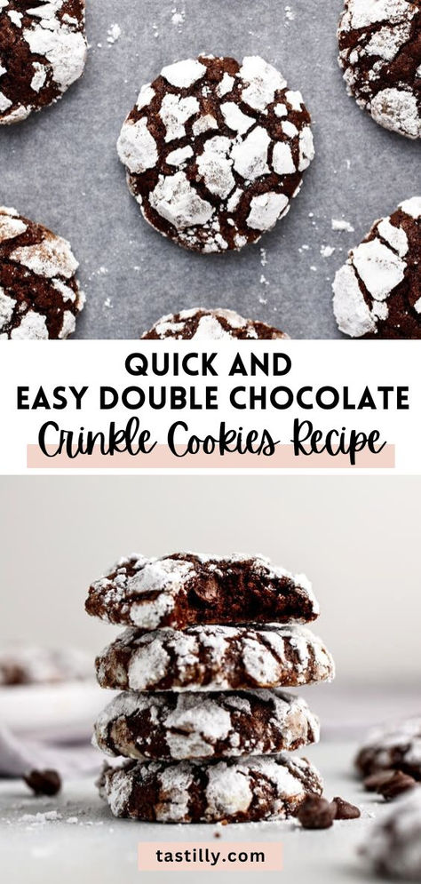 Enjoy rich and fudgy Double Chocolate Crinkle Cookies with a soft texture, fudgy brownie taste, and melted chocolate chips inside. Granulated sugar and powdered sugar coating give them beautiful crinkles that resemble snowy days. Effortless to prepare, these cookies will be a hit on your Christmas holidays. Chocolate Crinkle Cookies Recipe, Crinkle Cookies Recipe, Chocolate Crinkle, Christmas Baking Recipes, Christmas Desserts Easy, Chocolate Crinkle Cookies, Chocolate Crinkles, Cookie Flavors, Crinkle Cookies