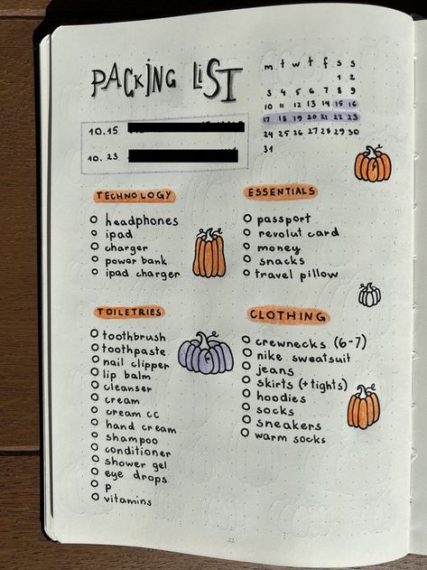 Thanksgiving Packing List, Packing List Bullet Journal, Bullet Journal Packing List, Fall Journaling, Autumn Bullet Journal, Bullet Journal Halloween, Fall Packing List, Fall Notebook, Nyc Autumn