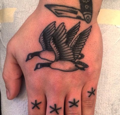 Canadian goose geese hand tattoo Goose Tattoo Traditional, American Traditional Goose Tattoo, Canadian Tattoos, Canada Goose Tattoo, Geese Tattoo, Canadian Geese Tattoo, Canadian Goose Tattoo, Wild Geese Tattoo, Three Sister Tattoos