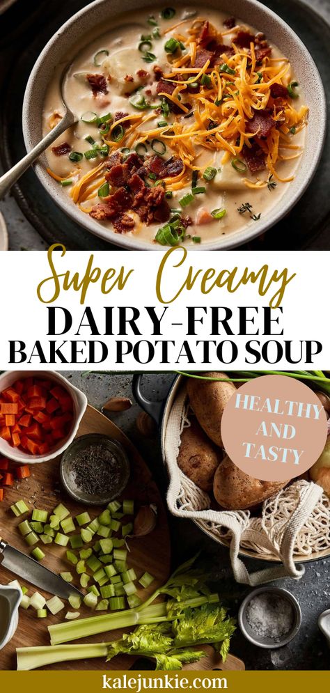 This Super Creamy Dairy-Free Baked Potato Soup is divine! It’s the perfect fall soup recipe that both tastes good and is super good for you. It’s also gluten-free and paleo friendly. However, no one would even guess because it’s so incredibly flavorful! Try it today and let this soup blow your mind. Gluten Free No Dairy Recipes, Dairy Free Loaded Baked Potato Soup, Paleo Baked Potato Soup, Clean Potato Soup, Soup With No Dairy, Incredible Soup Recipes, Gf Dairy Free Soup Recipes, Fall Recipes Gluten Free Dairy Free, Paleo Fall Soups And Stews