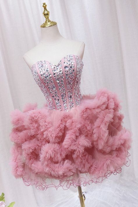 Tulle Corset Dress, Senior Hoco, Cute Party Dress, Dress With Rhinestones, Cute Dresses For Party, Party Dress Sale, Engagement Dress, Pink Homecoming Dress, Pink Prom Dress