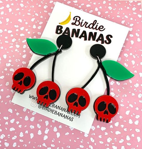 Embrace the dark side of Halloween with our cherry skull earrings made from black acrylic. Perfect for adding a touch of edge to your spooky style while showcasing your love for all things gothic! Cherry Skulls, Cherry Hearts, Svg Earring, Black Stud, Skull Earrings, Halloween Earrings, Black Acrylic, Black Acrylics, Green Leaf