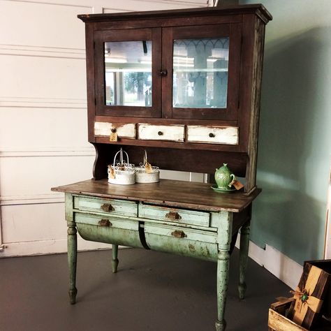 SALE OF THE DAY! This is an antique Possum Belly Baker's Cabinet! It's been slightly Redefined but mostly all original, including hardware! Originally: $795 Today Only: $649! (3% charge on cards, we also take cash & checks) Possum Belly Cabinet, Antique Bakers Cabinet, Possum Belly Bakers Table, Painted Hoosier Cabinet Ideas, Possum Belly Bakers Cabinet, Antique Flour Bin, Farmstead Kitchen, Bread Table, Bakers Cabinet