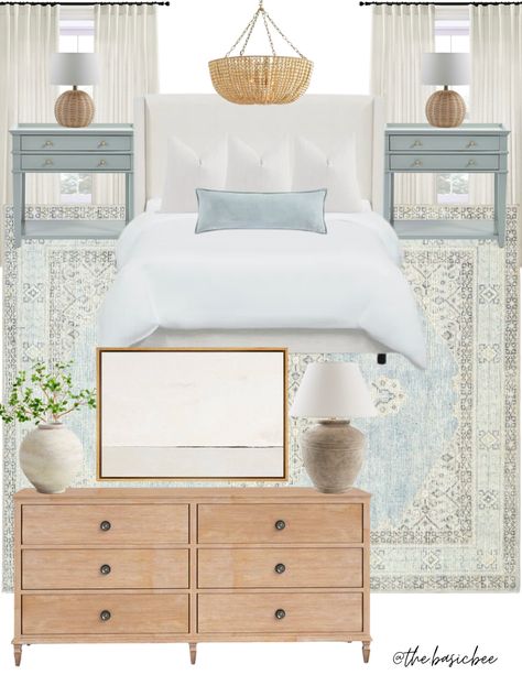 Coastal Farmhouse Master Bed, Blue And Rattan Bedroom, Coastal Design Bedroom, Blue Nightstand Bedroom Ideas, Calming Primary Bedroom Ideas, Bedroom Ideas With Pop Of Color, Coastal Bedroom Mood Board, Modern Coastal Bedding, Calm Master Bedrooms Decor