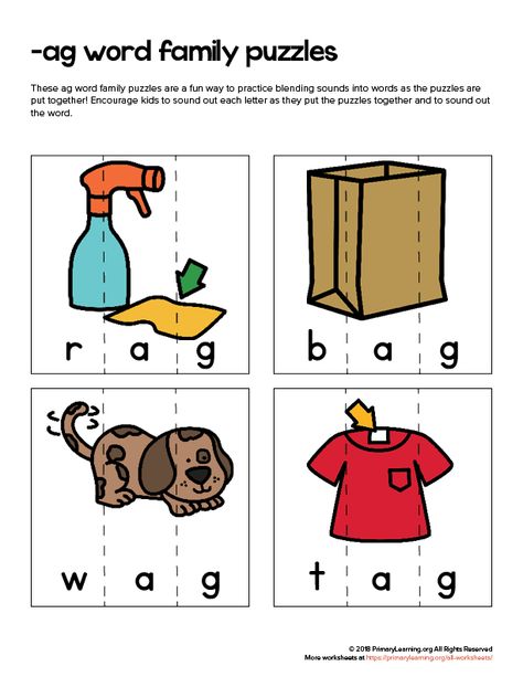 Reading CVC words is a big step in learning to read. With these puzzles, kids learn blending sounds into words as the puzzles are put together! Four puzzles in the set: rag, tag, wag, bag. Cvc Puzzle, Ag Word Family, Preschool Phonics, Structured Literacy, Beginning Sounds Worksheets, Free Homeschool Resources, Blending Sounds, Early Learning Activities, Family Puzzles