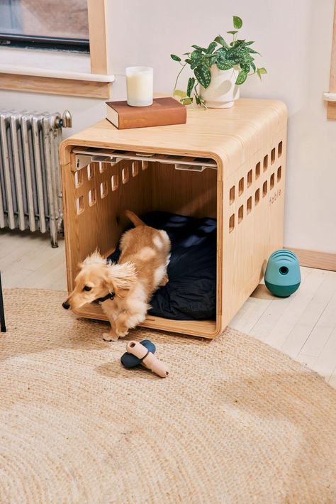 modern minimalist dog crate furniture, + mini long-haired dachshund Crate Side Table, Indoor Dog House, Wooden Dog Crate, Dog Anatomy, Cozy Den, Pet People, Dog Crate Furniture, Pet Gear, Indoor Dog