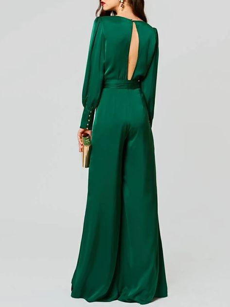 Jumpsuits Beautiful Back Empire Wedding Guest Formal Evening Dress V Neck Long Sleeve Floor Length Satin with Sash / Ribbon 2021 2021 - US $109.99 Long Sleeve Jumpsuit Formal, Green Jumpsuit Outfit, Jumpsuit Outfit Wedding, Áo Blu, Wedding Guest Formal, African Dresses For Kids, Evening Dresses Online, Wedding Jumpsuit, Cheap Evening Dresses