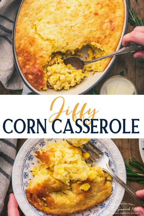 Jiffy Corn Casserole is an easy side dish recipe that's ready for the oven with just 5 minutes of prep! The simple, sweet corn pudding pairs perfectly with almost any cozy family dinner. Try it with roast chicken, smoked turkey breast, grilled steak, pot roast, fried chicken, or garlic butter shrimp. It's a crowd-pleasing option for Thanksgiving and Christmas, too! Easy Jiffy Cornbread Recipe, Frozen Corn Casserole, Thanksgiving Notes, Sweet Corn Casserole, Jiffy Recipes, Sweet Corn Pudding, Corn Pie, Thanksgiving Dressing, Corn Casserole Recipe