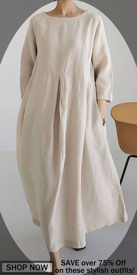 Apricot Cotton Dresses Pockets Patchwork Spring Linen Style Fashion, Knit Dress Pattern, Linen Fashion, Fashionista Clothes, Linen Maxi Dress, Muslimah Fashion, Classic Dress, Loose Dress, Pocket Dress