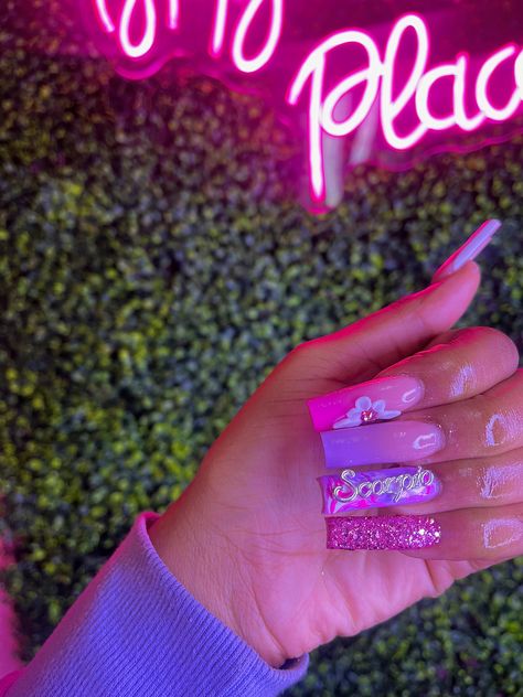 Birthday Nail Designs Scorpio, Pink Scorpio Nails, Birthday Nail Set Scorpio, Scorpio Birthday Nails Acrylic, Scorpio Nails Birthday, Pink Scorpio Birthday Nails, Pink Birthday Nails Virgo, Scorpio Nails Acrylic, Acrylic Nail Designs Scorpio