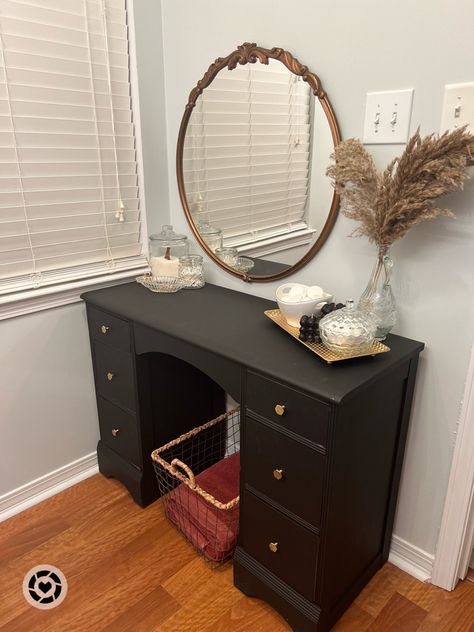 Diy Black Vanity, Boho Black Vanity Table, Bohemian Vanity, Black Beauty Vanity, Black Vintage Vanity, Black Makeup Desk Vanity Tables, Boho Vanity, Black Vanity Desk, Black Vanity Art Deco