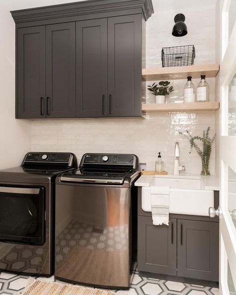 Brown Laundry Room Cabinets, Grey And Black Laundry Room, Iron Ore Cabinets Laundry Room, Dark Laundry Room Cabinets, Black Laundry Cabinets, Charcoal Washer And Dryer Laundry Rooms, Dark Cabinet Laundry Room, Laundry Room Ideas Dark Appliances, Dark Small Laundry Room