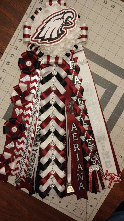 Hoco Mums Ideas Red White Blue, Maroon Garter Homecoming, Cheerleader Mums Homecoming, Football Garters For Homecoming, Maroon Homecoming Mums, Maroon Mums Homecoming, Home Coming Mum Ideas, Hoco Mum Braids, Double Mum Homecoming