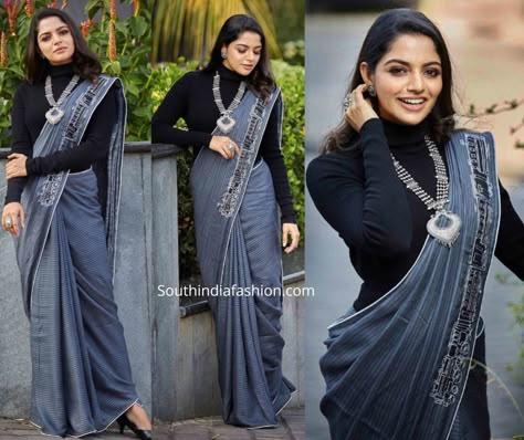 Saree With Shirt Style Blouse, Saree In Winter Indian Fashion, Grey Saree With Black Blouse, Saree Styling In Winters, Styling Saree In Winter, Sarees In Winter, Saree In Winter How To Wear, How To Style Saree In Winter, Winter Saree Style