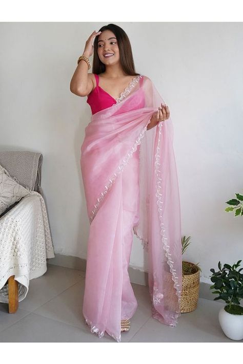 Pink Organza Party Wear Saree Organza Saree Makeup Look, Hot Pink Saree Look, Light Pink Saree, Pink Organza Saree, Baby Pink Saree, Simple Saree Designs, Fashionable Saree Blouse Designs, Fancy Sarees Party Wear, Saree Designs Party Wear