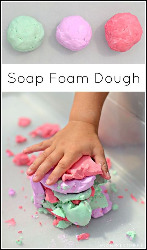 Soap foam dough - easy two ingredient sensory dough recipe for kids using soap foam from And Next Comes L Foam Dough, Sensory Play Recipes, Kids Sensory Play, Soap Foam, Sensory Dough, Recipe For Kids, Two Ingredient, Playdough Recipe, Sensory Table