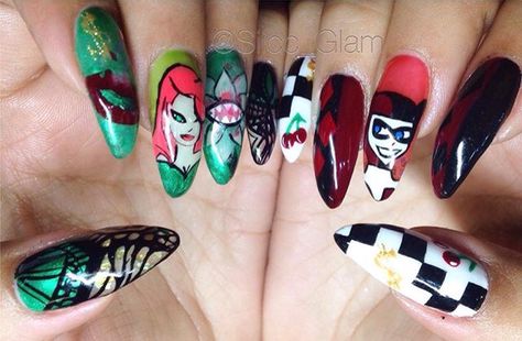 Poison Ivy Nail Art, Poison Ivy Nails Designs, Poison Ivy Nails, Comic Nails, Ivy Nails, Dc Poison Ivy, Dc Comic, Poison Ivy, Pretty Acrylic Nails