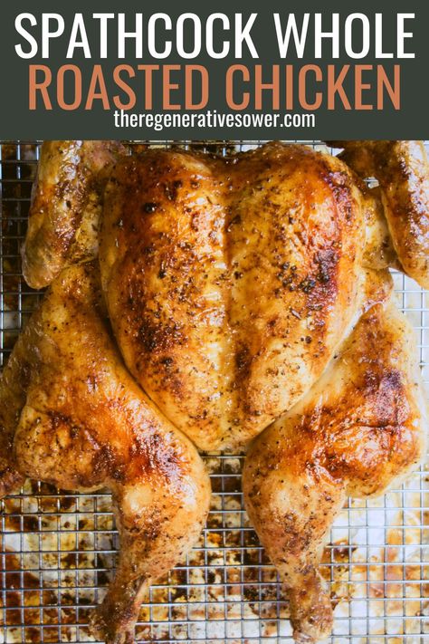 This whole oven roasted chicken recipe is quick, easy, and cooks up in less than an hour! Learn how to spatcock a chicken and roast it to perfection. You can cook it on a wire rack on a baking sheet or in a cast iron skillet. It is a Sunday favorite in our home! #FromScratchRecipes #AnimalBasedRecipes Roasted Chicken Whole Oven, Cast Iron Skillet Whole Chicken, Whole Chicken Cast Iron Skillet, Crispy Baked Whole Chicken, Cast Iron Skillet Baked Chicken, Spatchcocked Chicken Oven, Cooking Whole Chicken In Dutch Oven, Bake A Chicken Whole In The Oven, Oven Roasted Half Chicken