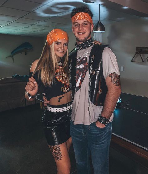 Biker Outfit Halloween, Biker Couple Halloween Costume, Biker Halloween Costume Couples, Bikers And Babes Party Theme, Rockstar Costume Ideas, Biker Theme Party Outfit, Rock N Roll Party Outfit, Biker Couple Costume, Rock And Roll Outfits Men