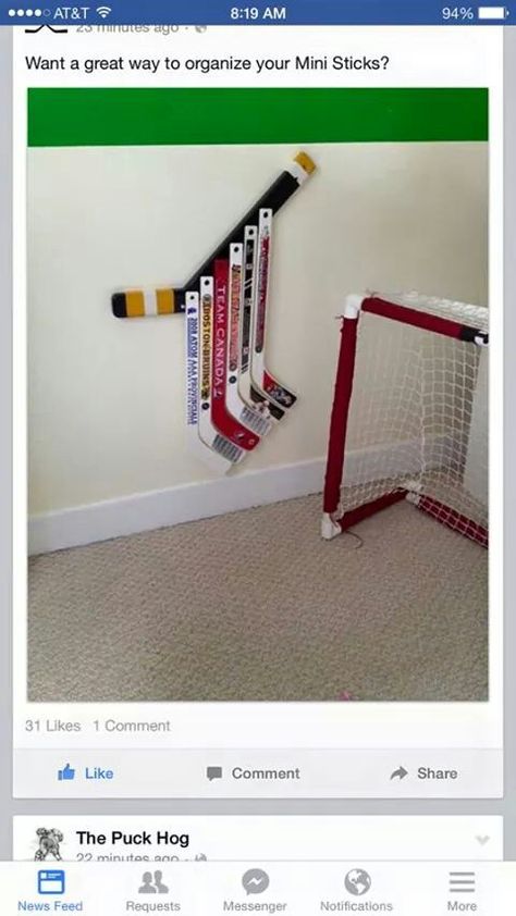 Mini Hockey Stick Storage, Hockey Stick Storage, Hockey Storage, Stick Storage, Hockey Bedroom, Hockey Room, Big Boy Bedrooms, Basement Family Room, Basement Storage