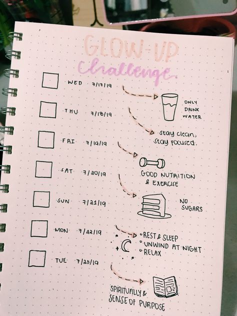 bullet journal inspo for a 1 week glow up challenge 1 Week Glow Up Challenge, Week Glow Up Challenge, Beauty Routine Weekly, Beauty Routine Schedule, Glow Up Challenge, Beauty Routine Checklist, Routine Daily, Goals Bullet Journal, Routine Checklist