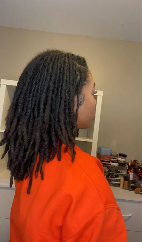 Small Locs On Thick Hair, Copper Red Butterfly Locs, Starter Locs Styles For Long Hair, Mid Locs Hairstyles, 10 Inch Locs, Medium Thick Locs On Black Women, C Shaped Locs, Locs On Thick Hair, Medium Traditional Locs