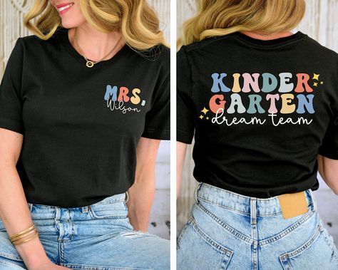 Kindergarten Teacher Shirt, Custom Kindergarten Shirt For Teacher T Shirt, Cute Kindergarten Crew T-Shirt for Teacher Gift Retro Teacher Tee Ece Teacher Shirts, Prek Teacher Shirt, Tshirt Teacher Outfits, Preschool Shirt Ideas, Teacher Name Shirt, Preschool T Shirts For Teachers, Preschool Teacher Tshirt Ideas, Prek Teacher Shirts Designs, Preschool Teacher Shirts Designs