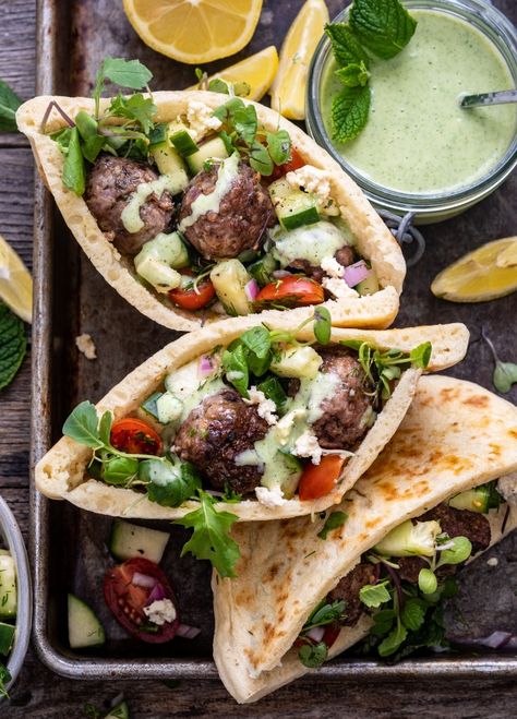 Venison Meatball Recipes, Stuffed Pita, Mediterranean Meatballs, Venison Meatballs, Mint Yogurt Sauce, Mint Yogurt, Pita Pockets, Doner Kebab, Tomato Cucumber