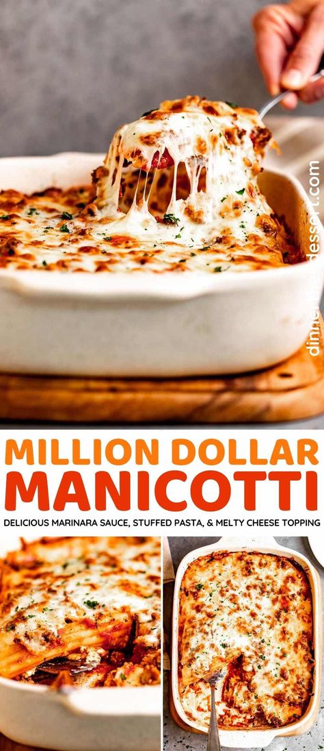 Million Dollar Manicotti is stuffed with four types of cheese and topped off with marinara, ground beef, and melty mozzarella. Perfect for family dinner! Meaty Manicotti Recipe, Sausage Stuffed Manicotti Recipe, Manicotti Recipe Sausage, Italian Sausage Manicotti, Manicotti Filling, Fall Sunday Dinner Ideas, Sausage Manicotti Recipe, Dinner Ideas Italian, Beef Manicotti