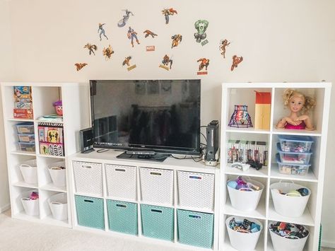 #homestorage #storagehacks #storageideas Kallax Shelves Playroom, Teenage Bedroom Organization Ideas, Kallax Toy Room, Toy Storage For Big Toys, Homeschool Organization Cube Shelf, Cubicle Storage Ideas Bedroom, Corner Cube Storage Ideas, Boys Toy Room Ideas, Kallax Toy Storage Living Room