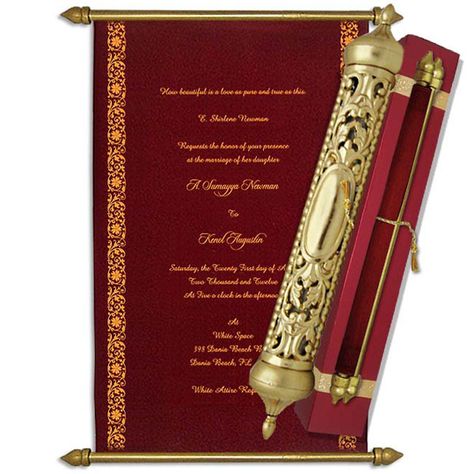 Burgundy Velvet Scroll with Royal Gold Case Royal Scroll Invitation, Desi Invitation Cards, Red Gold Wedding Invitations, Aesthetic Cards, Scroll Invitations, Red Invitation, Red Gold Wedding, Wedding Scroll, Royal Invitation