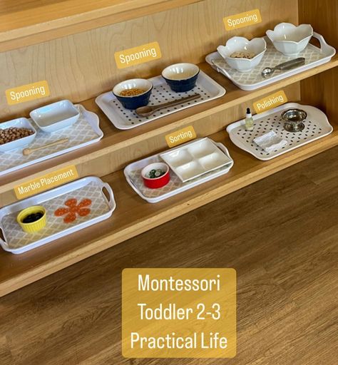 Mission Montessori | A peak at some of our toddler 2-3 practical life shelves. Care of self, care of environment, grace & courtesy & refining movement… the 💙… | Instagram Montessori Toddler Rooms Classroom, Montessori Room Ideas Preschool, Toddler Practical Life Montessori, Montessori Ideas For Toddlers, Practical Life Montessori Preschool, Practical Life Montessori, Classroom Montessori, Toddler Montessori Activities, Montessori Toddler Rooms