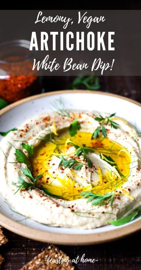 Lemony Artichoke White Bean Dip ! Vegan Artichoke White Bean Dip, Artichoke White Bean Dip, White Bean Artichoke Dip, Vegan Dips And Appetizers, White Snacks For Party, Vegan Dips For Parties, Bean Appetizers, Vegan Artichoke Recipes, White Bean Dip Vegan