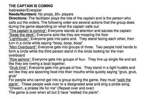 The Captain is Coming Game Captains Orders Game, Captains Coming Game, Ships And Sailors Game Rules, Drama Classroom, Indoor Recess Activities, Teamwork Games, Rally Games, Meeting Games, Recess Games