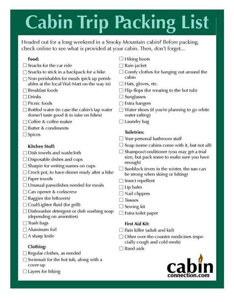 Packing List For Cabin Rentals -  Packing List For Cabin Rentals Cabin Trip Packing List, Cabin Packing List, Trip Packing List, Mountains Vacation, Travel Wisconsin, Cabin Trip, Camping Packing List, Lake Camping, Trip Packing