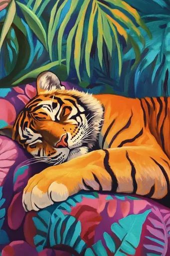 ↑↑↑ Larger size on website 🔸 A tiger with orange and black stripes sleeps on a bright pink and blue patterned cushion. The tiger’ Lush Green, Tropical Leaves, Colorful Paintings, Black Stripes, Bright Pink, Colorful Fashion, Sleep, Art Images, Stripes