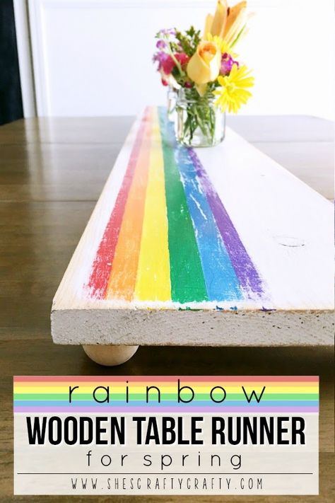 Decorate your Spring Table with a DIY Rainbow Wooden Table Runner Wood Table Runner, Wooden Table Runner, Make A Rainbow, Rainbow Wood, Rainbow House, Table Runner Diy, Diy Rainbow, St Patrick's Day Decorations, Spring Projects