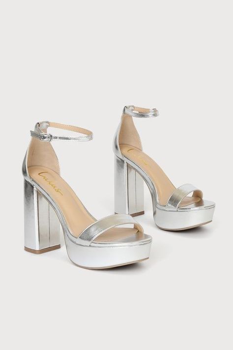 Silver Strap Heels, Winter Formal Heels, Cute Honeymoon Outfits, Honeymoon Dresses, Hoco Heels, Platform Ankle Strap Heels, Silver Heels Prom, Prom Shoes Silver, Silver Platform Heels