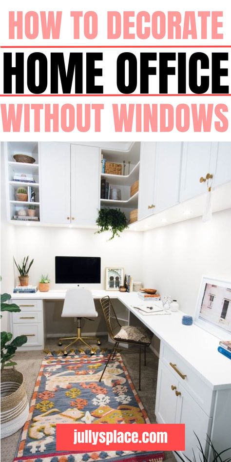 How to Decorate an Office That Has No Windows Female Office Ideas, Cool Home Office Ideas, Office Without Windows, Office With No Windows, Shared Home Office Ideas, How To Decorate Home, Shared Home Office, Work Office Ideas, Small Office Room