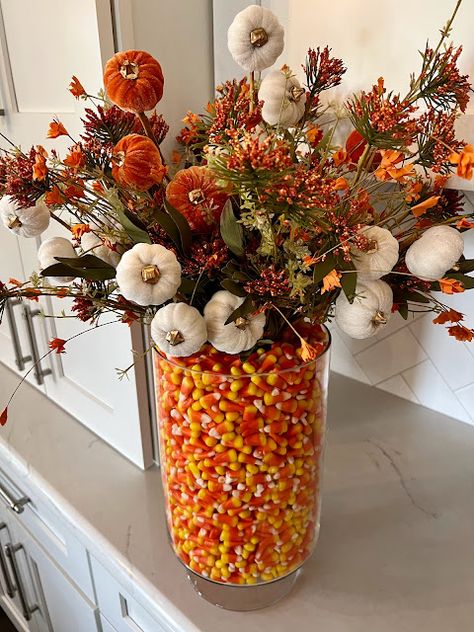 Living on Cloud Nine: BEAUTIFUL CANDY CORN CENTERPIECE Corn Centerpiece, Thanksgiving Flower Centerpieces, Fall Table Decorations Centerpieces, Thanksgiving Flower Arrangements, Candy Corn Decor, Corn Decor, Thanksgiving Floral Arrangements, Halloween Floral Arrangements, Candy Corn Decorations