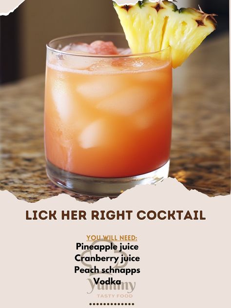 🍋✨ Indulge in the Lick Her Right Cocktail for a sweet, tangy delight! 🌟🍹 #FunDrinks #CocktailHour Lick Her Right Cocktail Ingredients: Vodka (1 oz) Peach schnapps (1 oz) Cranberry juice (2 oz) Pineapple juice (2 oz) Ice Lemon twist (for garnish) Instructions: Fill a shaker with ice. Add vodka, peach schnapps, cranberry juice, and pineapple juice. Shake well until chilled. Strain into a glass filled with ice. Garnish with a lemon twist. 🍹✨ The Lick Her Right Cocktail is a refreshing mix of... Mixed Drinks Alcoholic Vodka, Good Vodka Mixed Drinks, Apple Vodka Drinks, Non Sweet Cocktails, Mixed Drinks With Vodka, Best Vodka Mixed Drinks, Simple Alcoholic Drinks, Whipped Vodka Drinks, Peach Schnapps Drinks