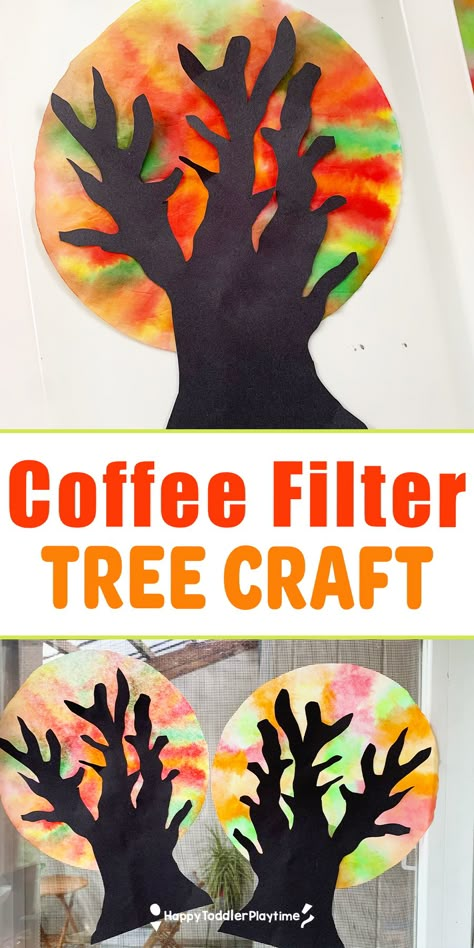 Coffee Filter Tree Craft - Happy Toddler Playtime Tree Creative Curriculum, Paper Ghosts, New Year Card Ideas, New Year Card Making, Adaptive Art, Fall Crafts For Toddlers, September Crafts, Preschool Crafts Fall, Halloween Crafts Preschool