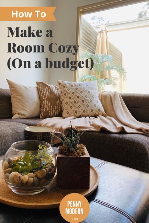 Want to make your room more cozy, comfortable, and inviting? Check out our latest post for 5 inexpensive ways along with sources, tips, and ideas... Diy Cozy Living Room Ideas, How To Decorate A Cozy Living Room, How To Make A Large Room Cozy, Cozy House Living Room Comfy, Relaxing Living Room Ideas Comfy, How To Cozy Up Your Living Room, Make Your Living Room Cozy, Make Living Room Cozy, How To Make A Big Room Feel Cozy