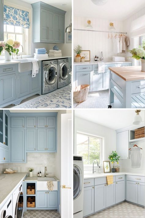 15 Pretty Light Blue Laundry Room Ideas - Nikki's Plate Grandmillennial Laundry Room, Light Blue Laundry Room Cabinets, Blue Laundry Room Ideas, Blue And White Laundry Room, Laundry Room Color Ideas, Light Blue Laundry Room, Laundry Room Color, Coastal Laundry Room, Blue Laundry Room