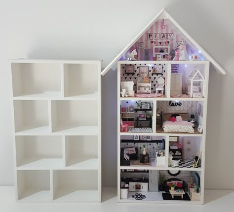 Shelf Doll House Diy, Book Shelf Doll House Diy, Diy Dollhouse From Bookshelf, Shelf Doll House, Diy Doll Furniture, Doll House Lighting, Diy Dolls House, Cube Shelf Doll House Diy, Diy Barbie House From Cube Shelf