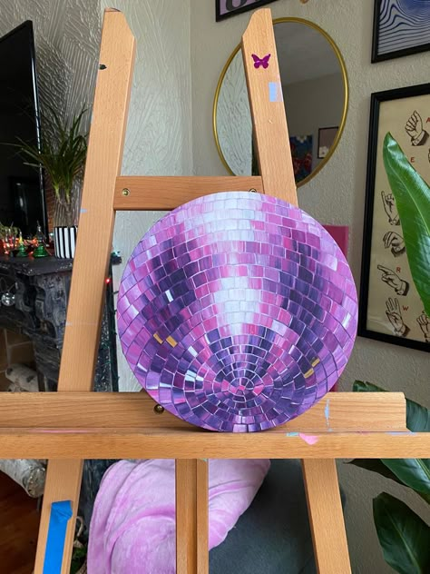 IG kaylaestaart How To Paint A Disco Ball Step By Step, Disco Ball Paintings, Purple Disco Ball, Disco Ball Canvas, Disco Ball Painting, Circular Canvas Painting, Disco Ball Wall Art, Disco Ball Wall, Purple Disco